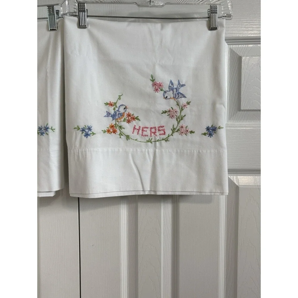 His Hers Pair of Vintage Hand Embroidered Standard Pillowcases Cottagecore
